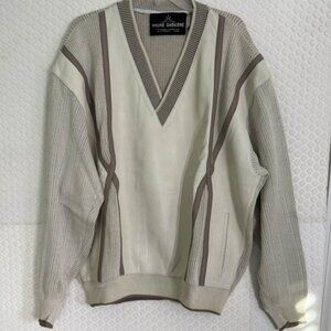 Vtg ANDRE GHEKIERE Cotton and Leather V-Neck Beige Pullover Sweater Size XL EUC